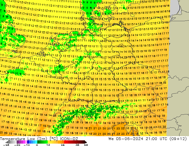 Min. Temperatura (2m) ICON-D2 śro. 05.06.2024 21 UTC