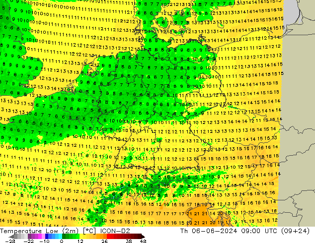 Min.temperatuur (2m) ICON-D2 do 06.06.2024 09 UTC