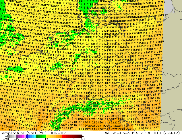 温度图 ICON-D2 星期三 05.06.2024 21 UTC