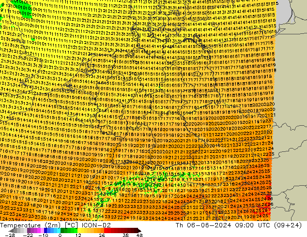 Temperaturkarte (2m) ICON-D2 Do 06.06.2024 09 UTC