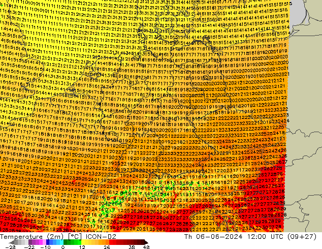 Temperature (2m) ICON-D2 Th 06.06.2024 12 UTC