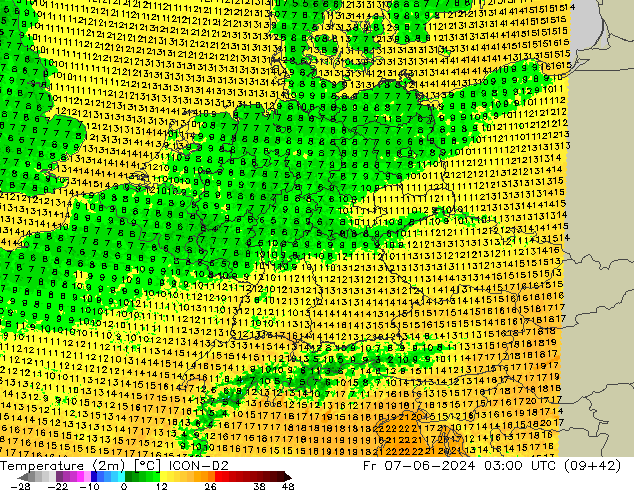 Temperatura (2m) ICON-D2 Sex 07.06.2024 03 UTC