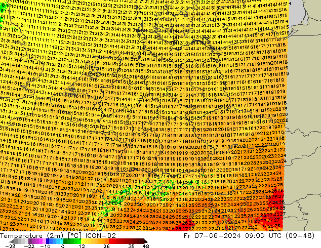 Temperature (2m) ICON-D2 Fr 07.06.2024 09 UTC