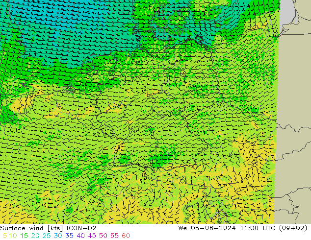 Viento 10 m ICON-D2 mié 05.06.2024 11 UTC