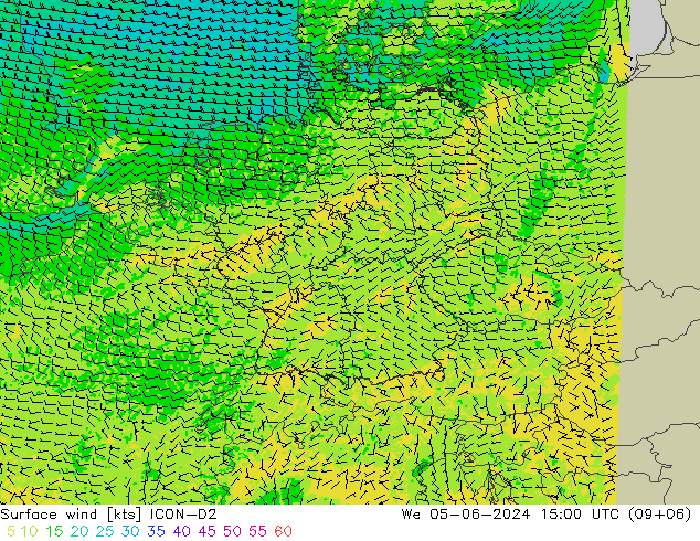 Surface wind ICON-D2 We 05.06.2024 15 UTC