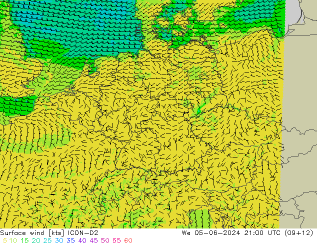 Viento 10 m ICON-D2 mié 05.06.2024 21 UTC