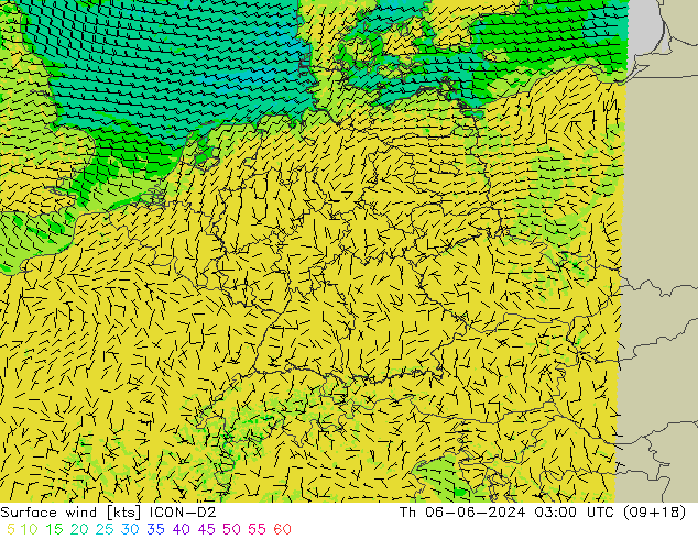 Surface wind ICON-D2 Čt 06.06.2024 03 UTC