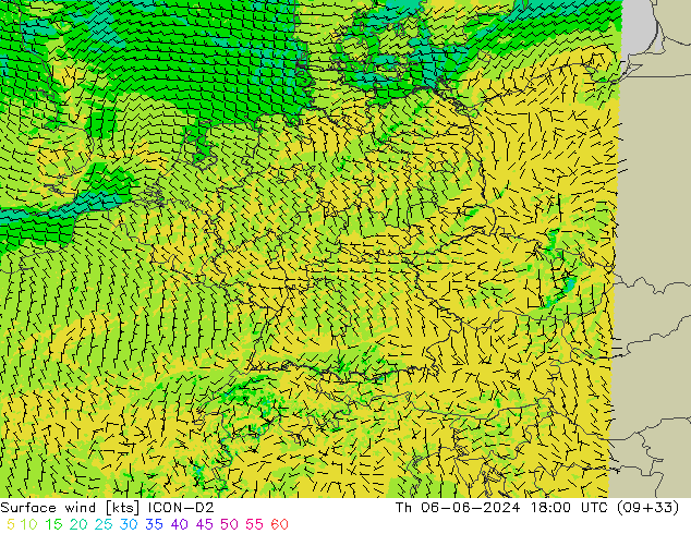 Vento 10 m ICON-D2 gio 06.06.2024 18 UTC