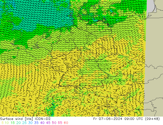 Surface wind ICON-D2 Fr 07.06.2024 09 UTC