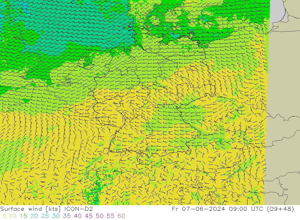 Viento 10 m ICON-D2 vie 07.06.2024 09 UTC