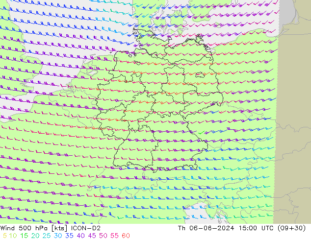 Viento 500 hPa ICON-D2 jue 06.06.2024 15 UTC