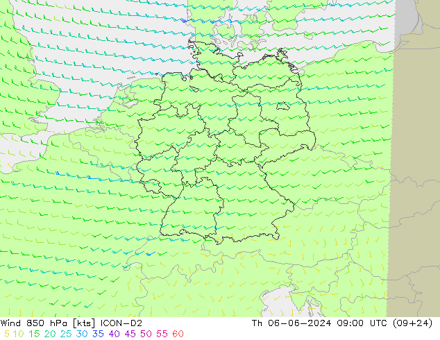 Vento 850 hPa ICON-D2 gio 06.06.2024 09 UTC