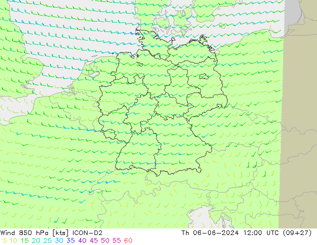 Wind 850 hPa ICON-D2 Čt 06.06.2024 12 UTC