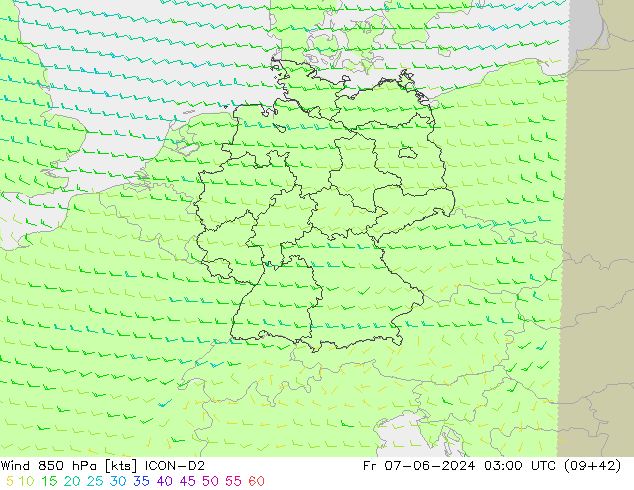 Vento 850 hPa ICON-D2 Sex 07.06.2024 03 UTC