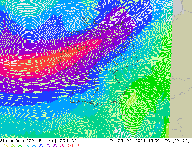 Linea di flusso 300 hPa ICON-D2 mer 05.06.2024 15 UTC