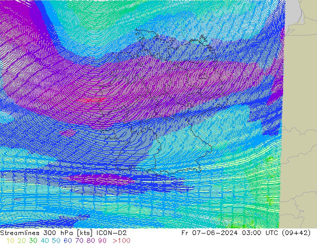 ветер 300 гПа ICON-D2 пт 07.06.2024 03 UTC