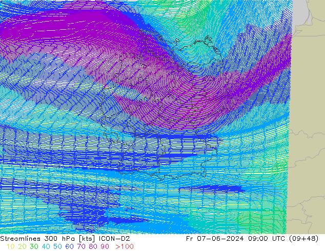 Linha de corrente 300 hPa ICON-D2 Sex 07.06.2024 09 UTC