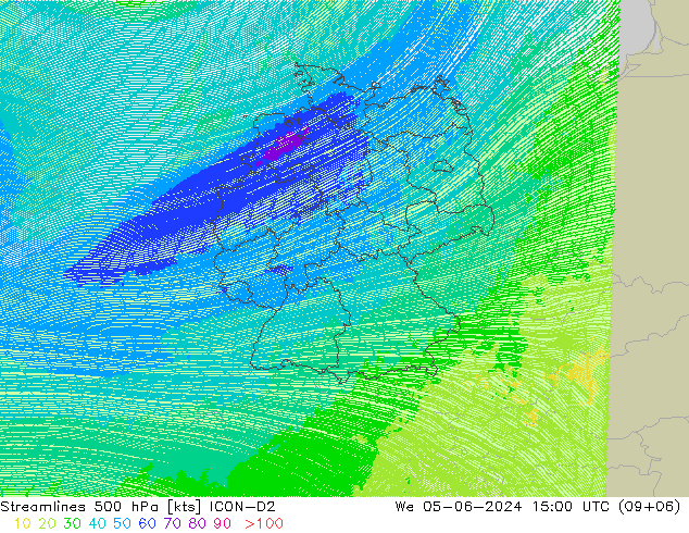 Streamlines 500 hPa ICON-D2 We 05.06.2024 15 UTC