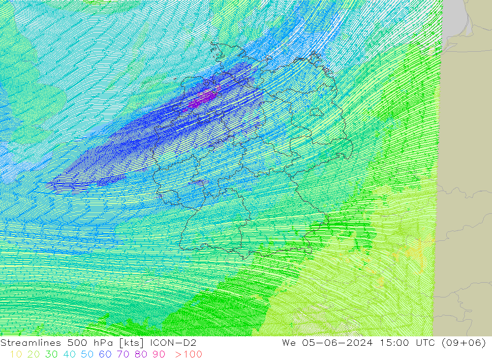 Linia prądu 500 hPa ICON-D2 śro. 05.06.2024 15 UTC