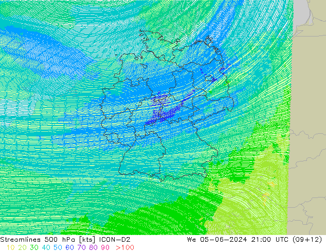 Streamlines 500 hPa ICON-D2 St 05.06.2024 21 UTC