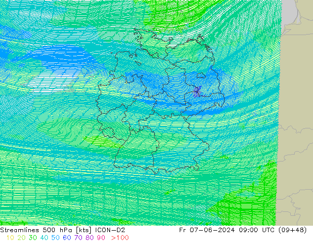 Streamlines 500 hPa ICON-D2 Pá 07.06.2024 09 UTC