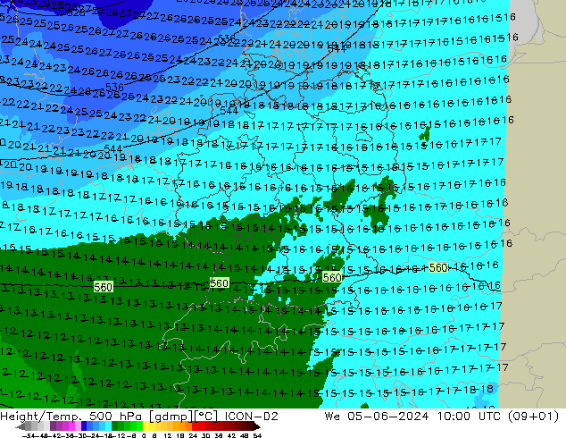 Height/Temp. 500 hPa ICON-D2 Mi 05.06.2024 10 UTC