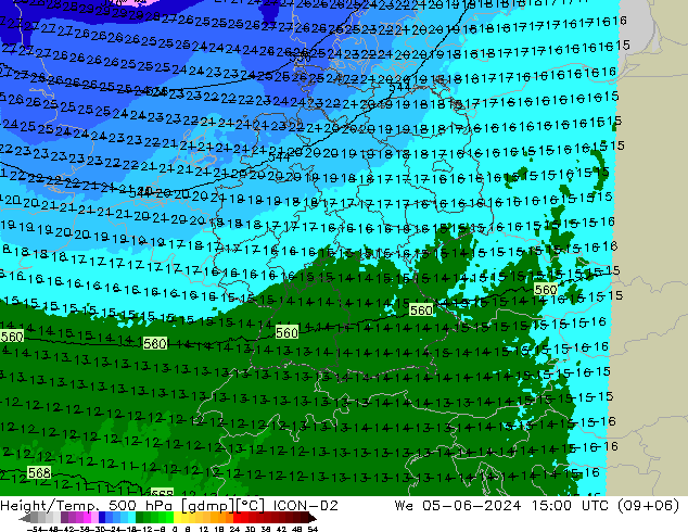 Height/Temp. 500 hPa ICON-D2 mer 05.06.2024 15 UTC