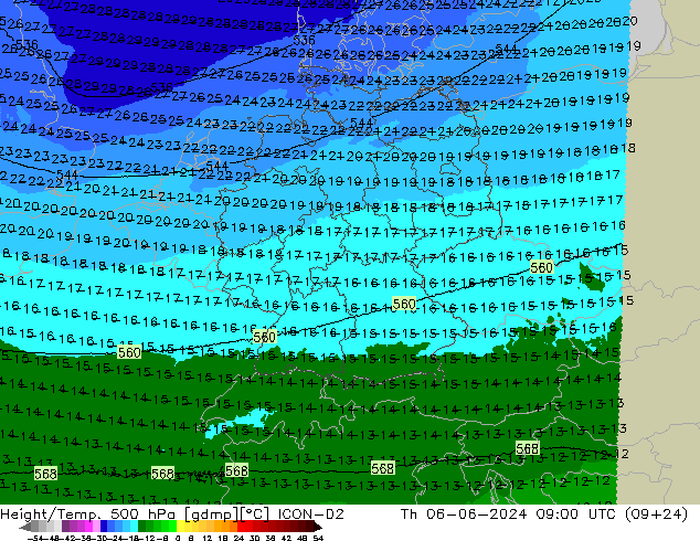 Height/Temp. 500 hPa ICON-D2 Do 06.06.2024 09 UTC