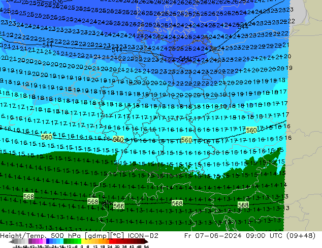 Height/Temp. 500 hPa ICON-D2 Fr 07.06.2024 09 UTC