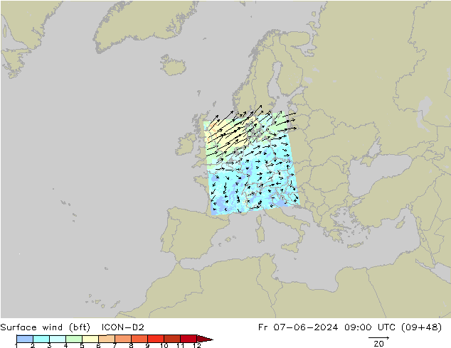 Surface wind (bft) ICON-D2 Pá 07.06.2024 09 UTC