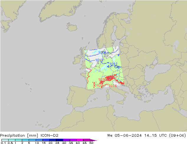 Srážky ICON-D2 St 05.06.2024 15 UTC