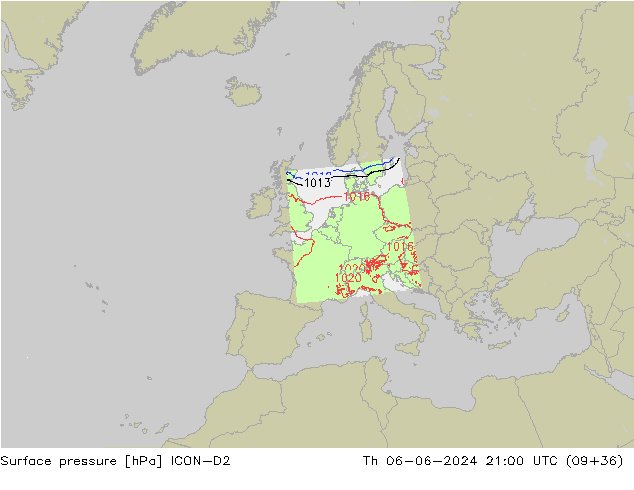 Presión superficial ICON-D2 jue 06.06.2024 21 UTC