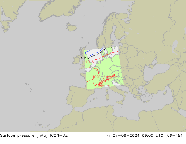 Surface pressure ICON-D2 Fr 07.06.2024 09 UTC