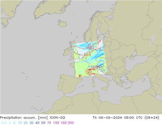 Precipitation accum. ICON-D2 Th 06.06.2024 09 UTC