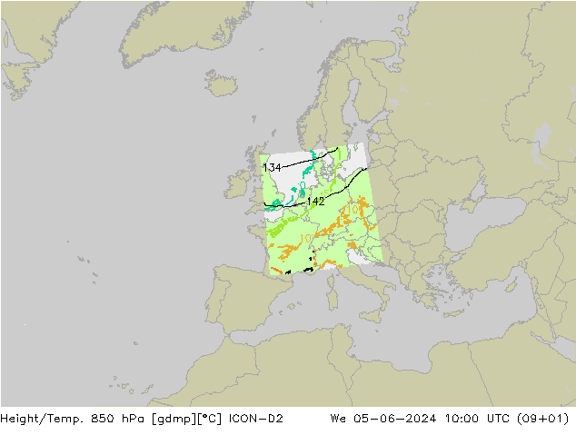 Height/Temp. 850 hPa ICON-D2 mer 05.06.2024 10 UTC