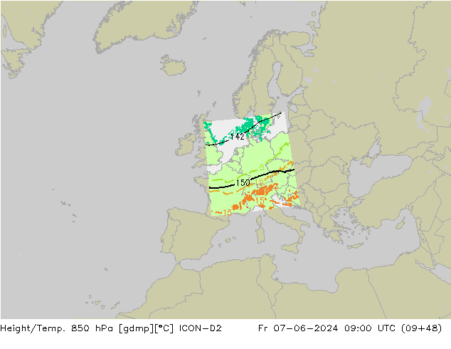 Géop./Temp. 850 hPa ICON-D2 ven 07.06.2024 09 UTC