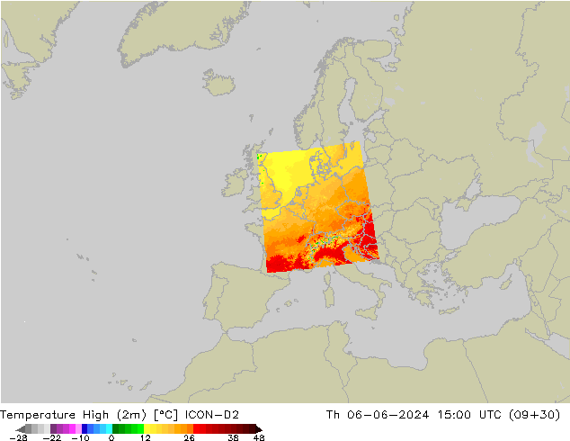 Temp. massima (2m) ICON-D2 gio 06.06.2024 15 UTC