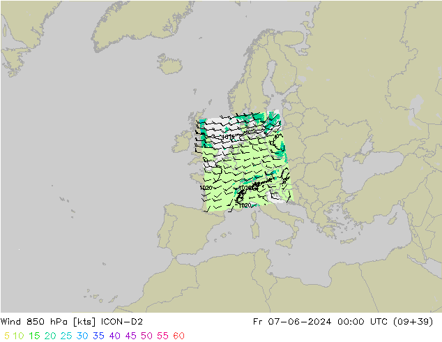 Wind 850 hPa ICON-D2 Fr 07.06.2024 00 UTC