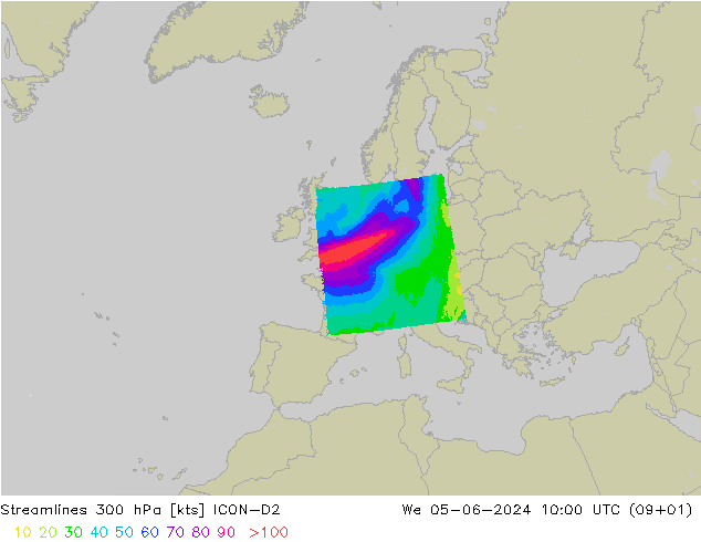Línea de corriente 300 hPa ICON-D2 mié 05.06.2024 10 UTC