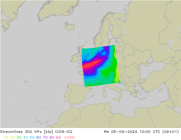 Streamlines 300 hPa ICON-D2 We 05.06.2024 10 UTC