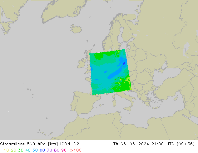 Linia prądu 500 hPa ICON-D2 czw. 06.06.2024 21 UTC