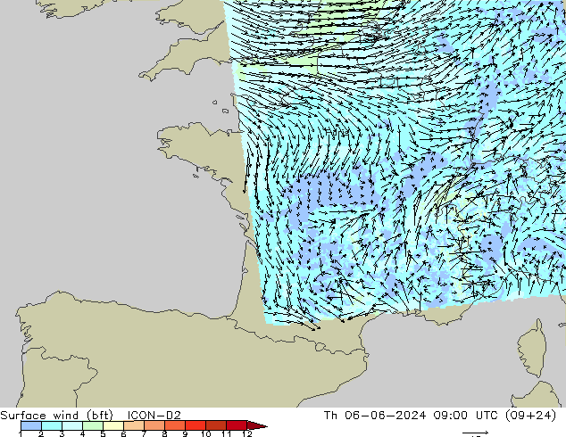 Surface wind (bft) ICON-D2 Th 06.06.2024 09 UTC