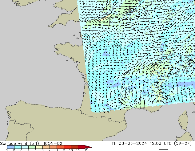 Surface wind (bft) ICON-D2 Th 06.06.2024 12 UTC