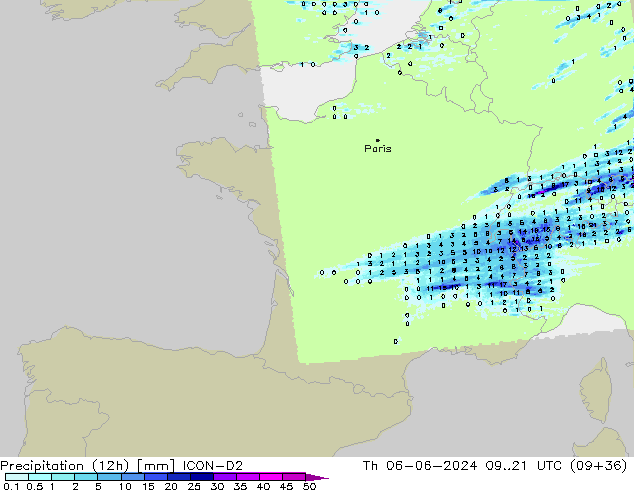 Precipitation (12h) ICON-D2 Čt 06.06.2024 21 UTC