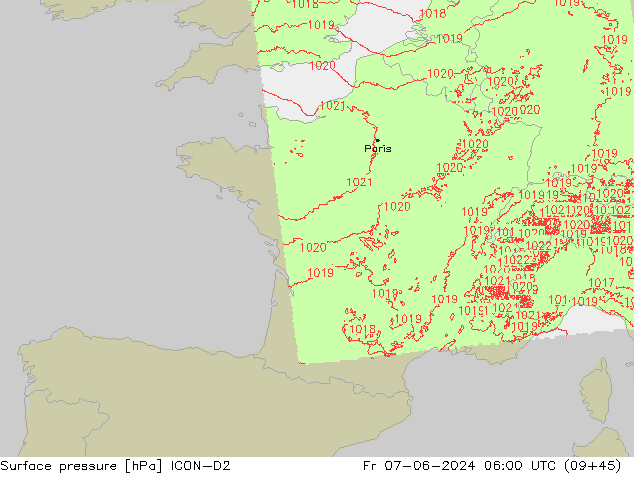 Presión superficial ICON-D2 vie 07.06.2024 06 UTC