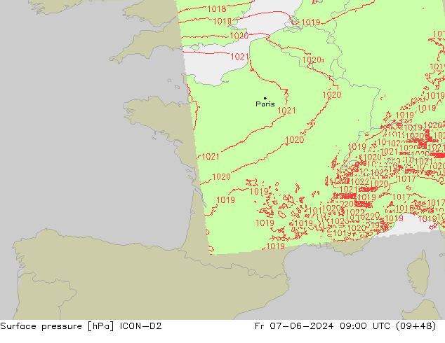 Pressione al suolo ICON-D2 ven 07.06.2024 09 UTC