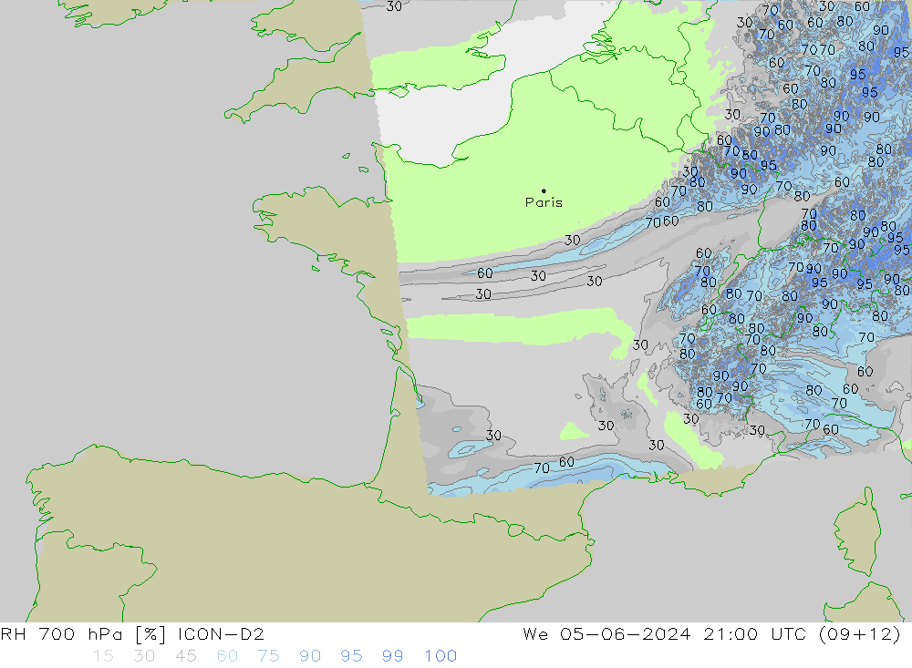 RH 700 hPa ICON-D2 Mi 05.06.2024 21 UTC