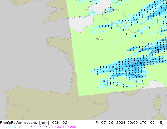 Precipitation accum. ICON-D2 пт 07.06.2024 09 UTC