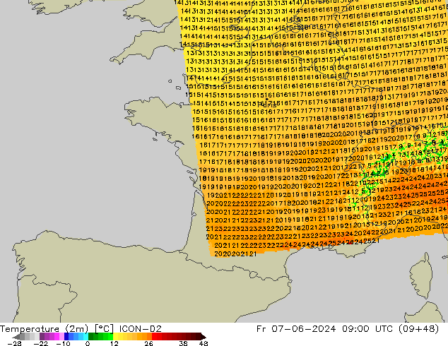 Temperature (2m) ICON-D2 Fr 07.06.2024 09 UTC