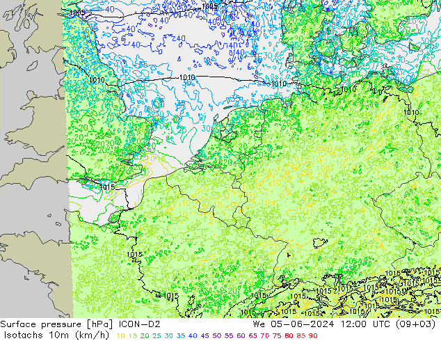 Isotachen (km/h) ICON-D2 Mi 05.06.2024 12 UTC